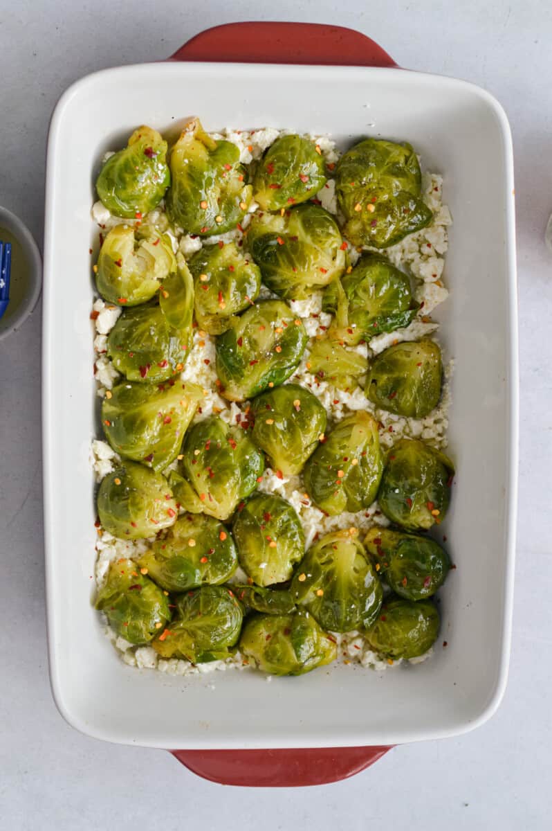 Bird's eye of smashed Brussels sprouts.