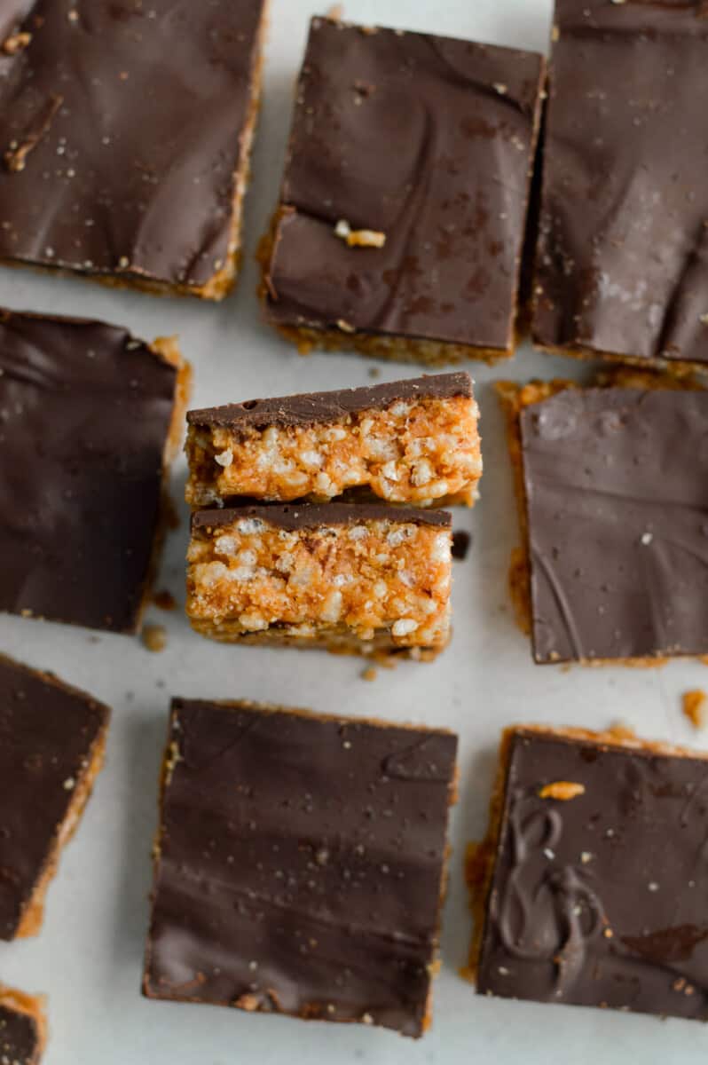 Birds eye of chocolate covered peanut butter rice krispie treats.