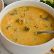 Bowl of gluten free broccoli cheddar soup.