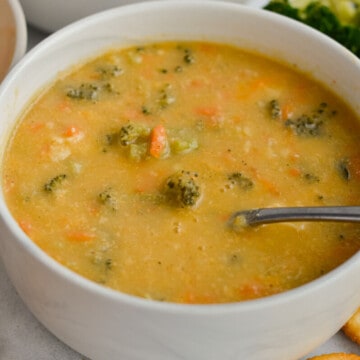 Bowl of gluten free broccoli cheddar soup.