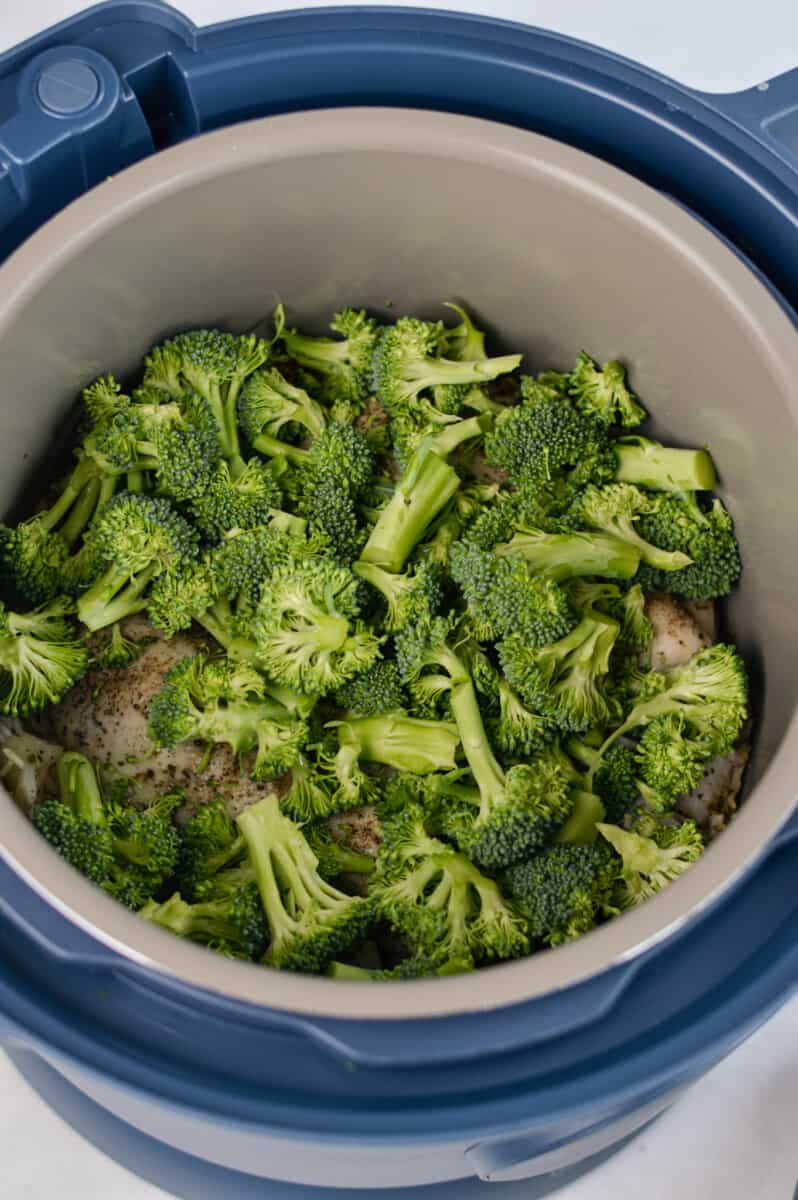 Adding broccoli florets into crockpot.