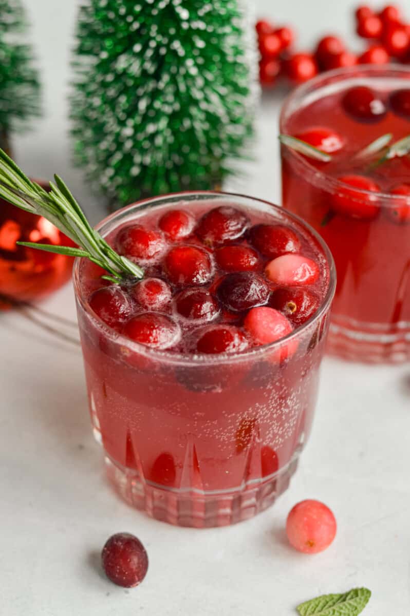 Cranberry ginger beer mocktail topped with raspberries and rosemary.