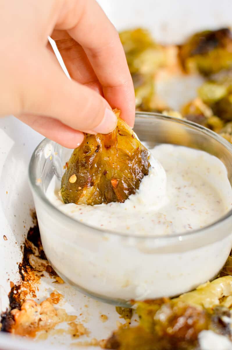 Dipping maple balsamic Brussels sprouts in white dijon sauce.