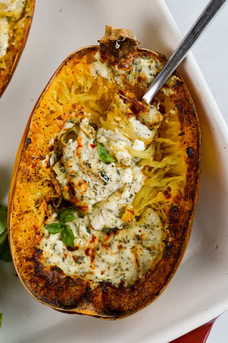 Eating cheesy air fryer spaghetti squash.