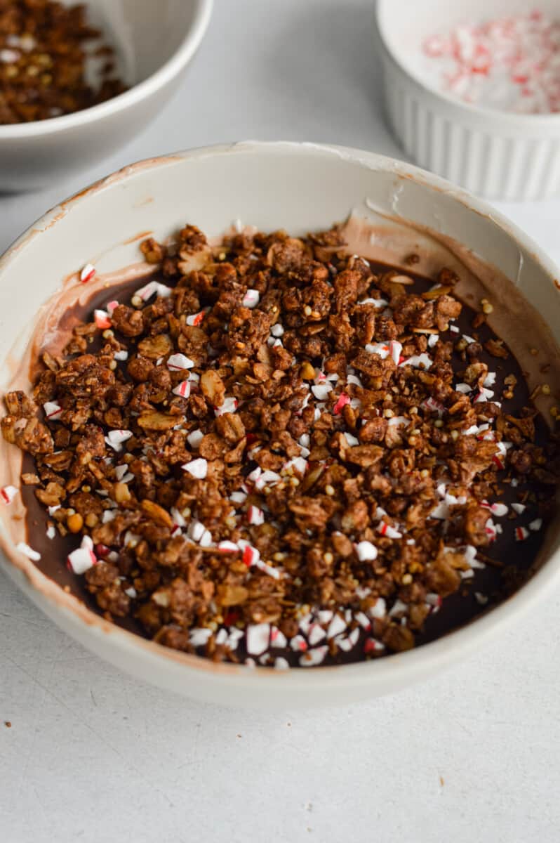 Topping chocolate Greek yogurt bowl with granola.
