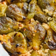 Close up of maple balsamic Brussels sprouts with red pepper flakes.