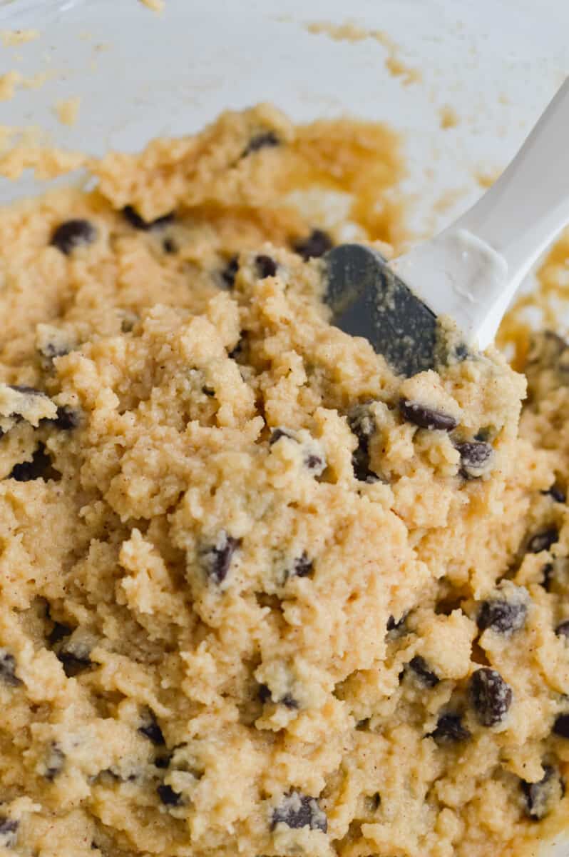 Mixing chocolate chip muffin batter.