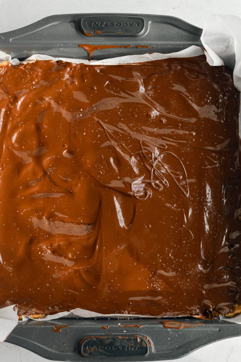 Peanut butter rice krispies with chocolate spread on top.