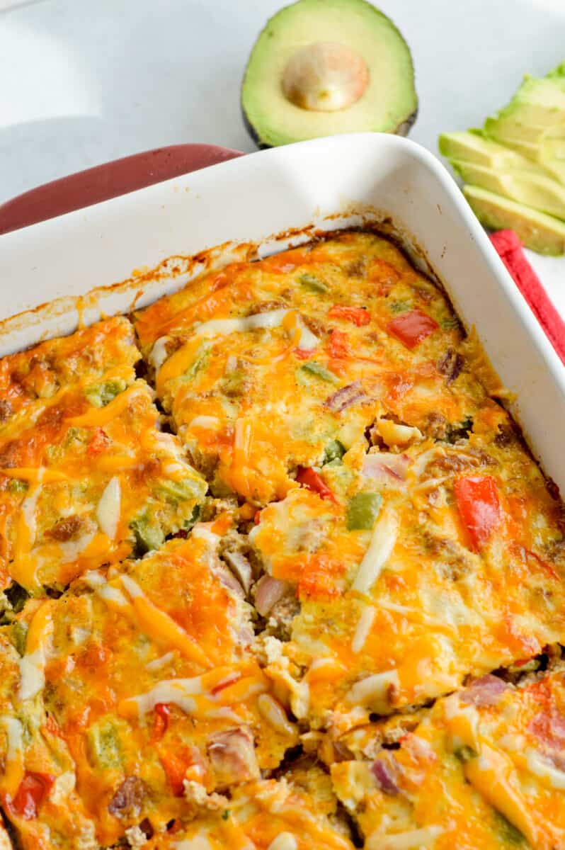 Slicing chorizo, egg & green chili breakfast casserole.