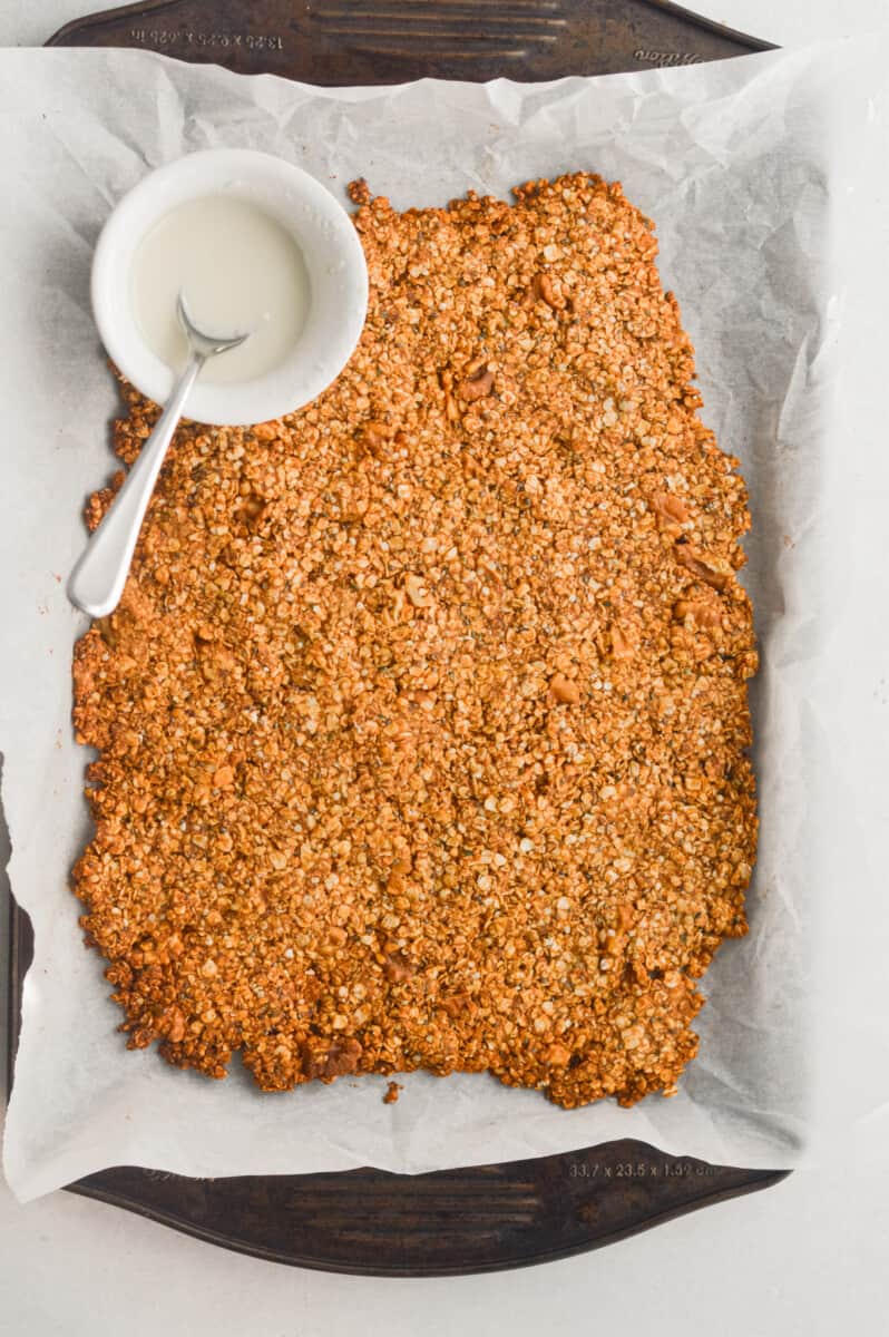 Baked tray of cinnamon roll granola.