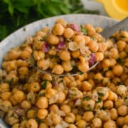 Bowl of Greek marinated chickpeas.