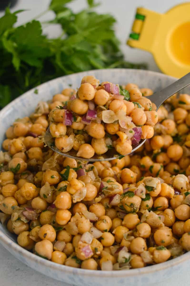 Bowl of Greek marinated chickpeas.