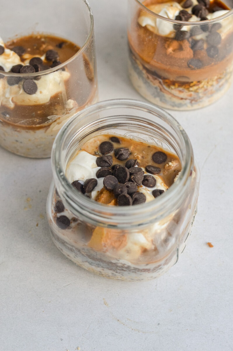 Three jars of cookie dough overnight oats.