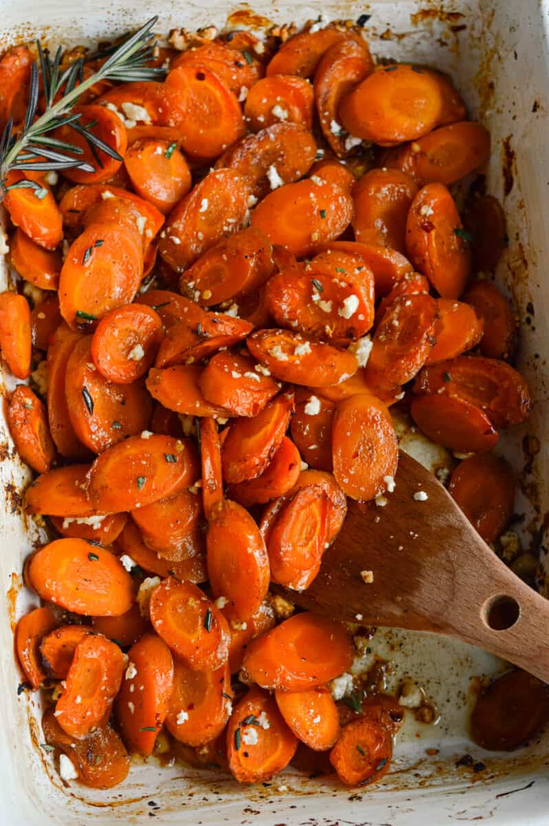 Pan of spicy hot honey carrots.