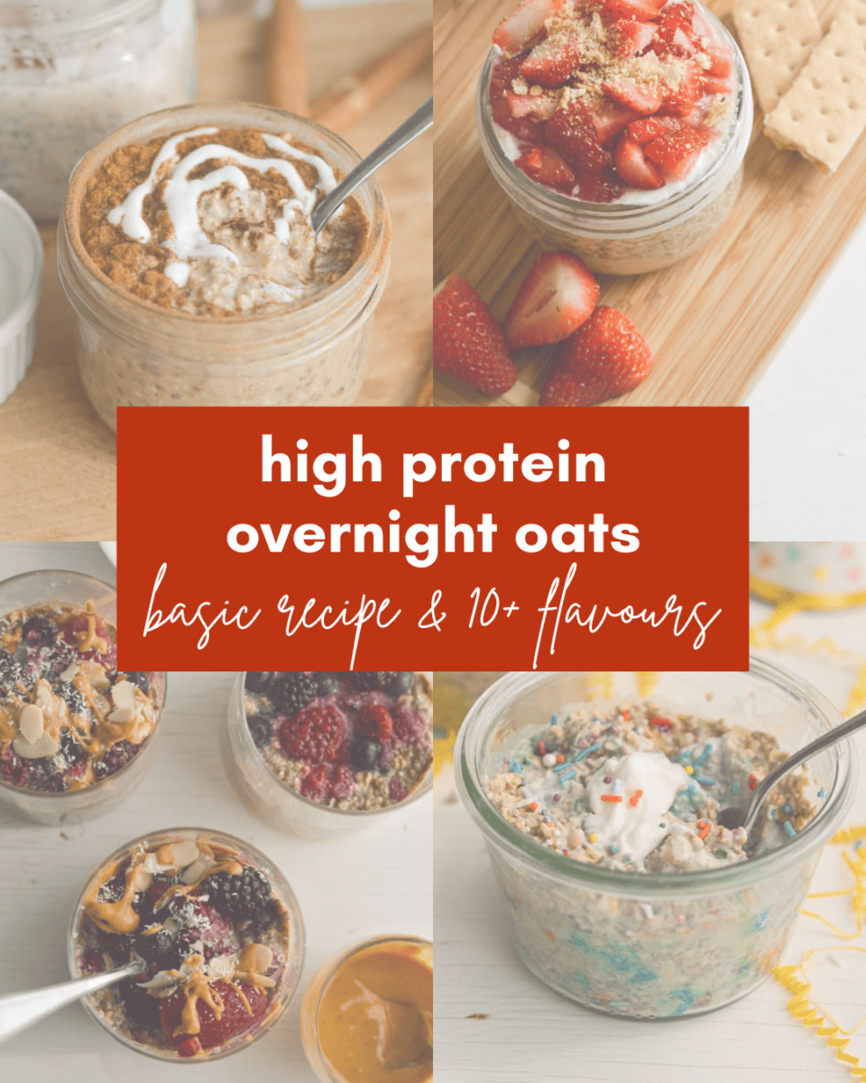 Collage with high protein overnight oats in different flavours.