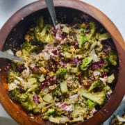 Birds eye view of roasted broccoli salad served with bang bang salad.