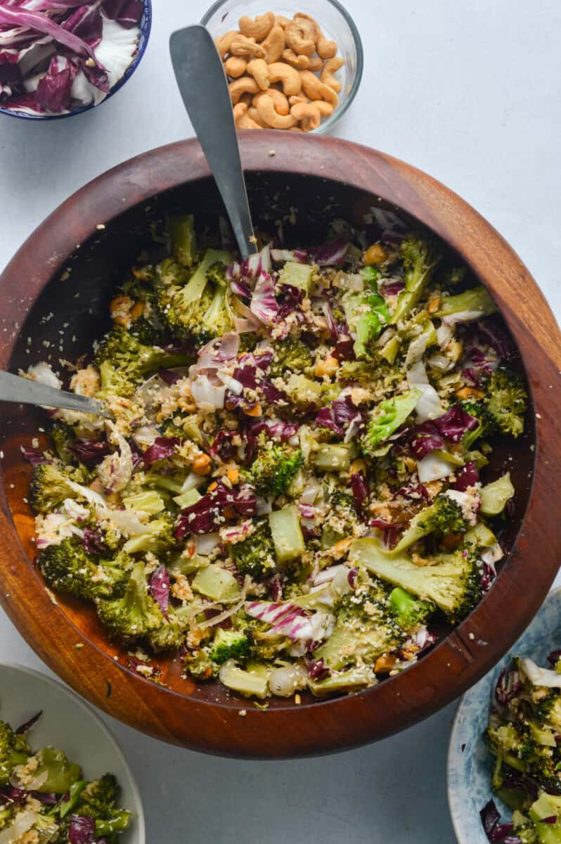 Birds eye view of roasted broccoli salad served with bang bang salad.