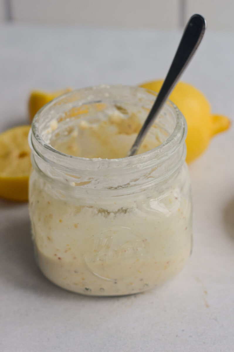 Jar of Greek yogurt caesar dressing.