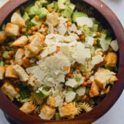 Birds eye of kale Caesar pasta salad with sourdough croutons and parmesan.