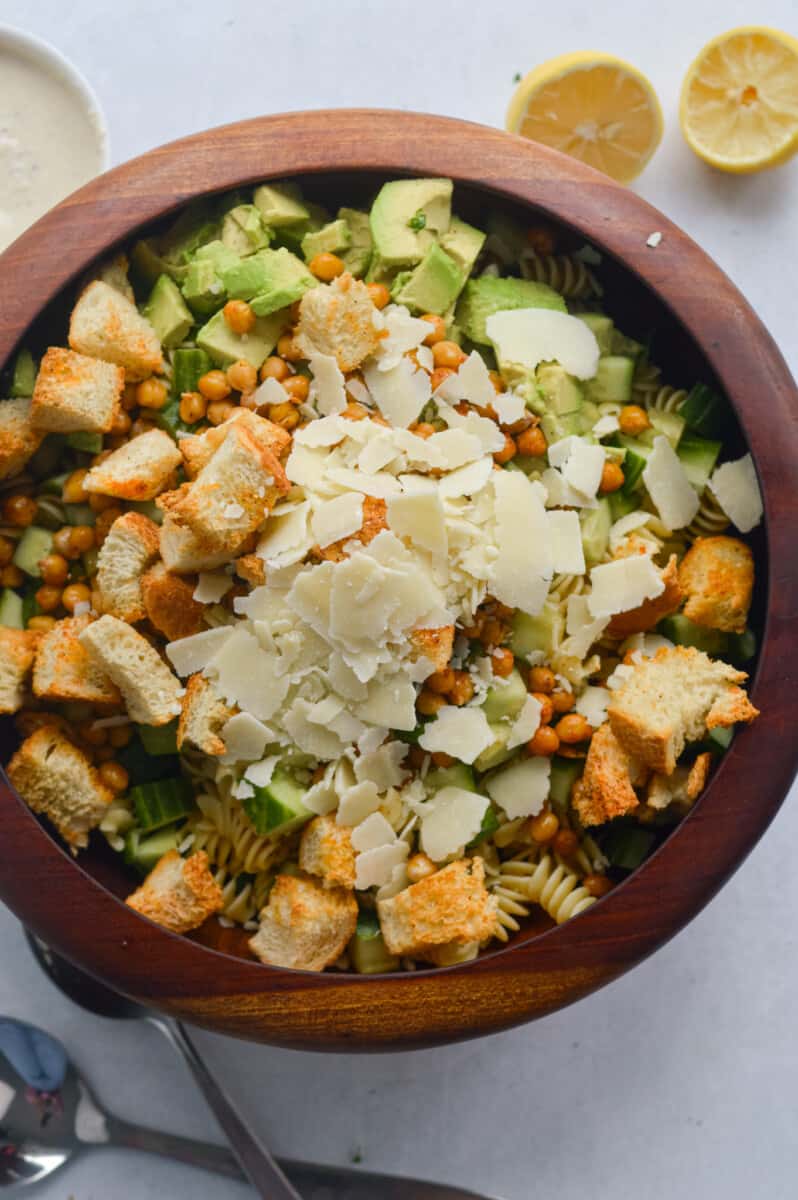 Birds eye of kale Caesar pasta salad with sourdough croutons and parmesan.