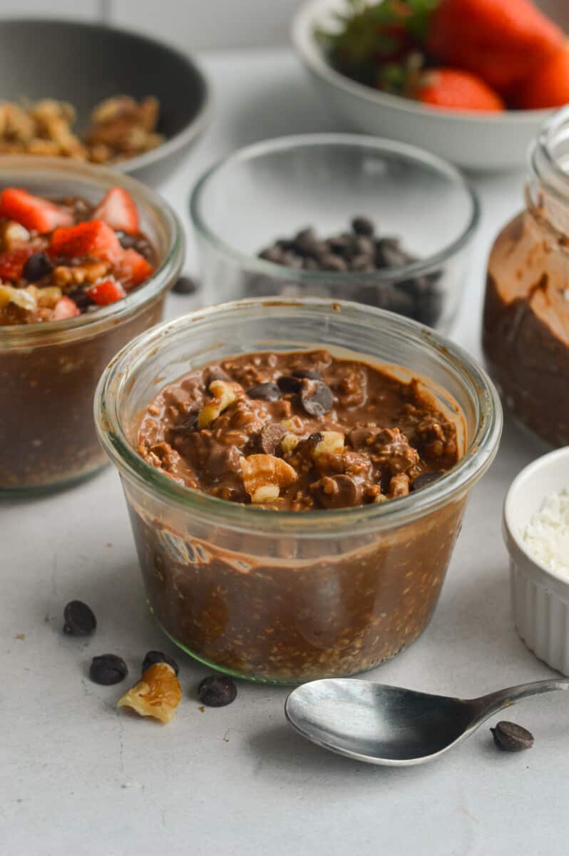 Chocolate overnight oats with chocolate chips and walnuts.