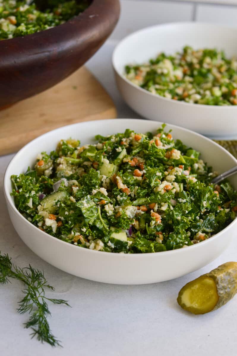 Serving bowls of dill pickle salad.
