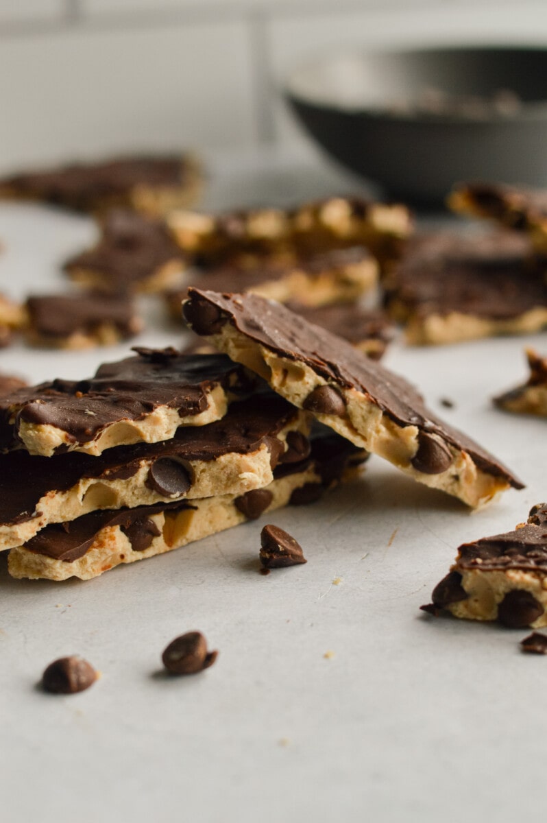 Stack of cottage cheese cookie dough bark.