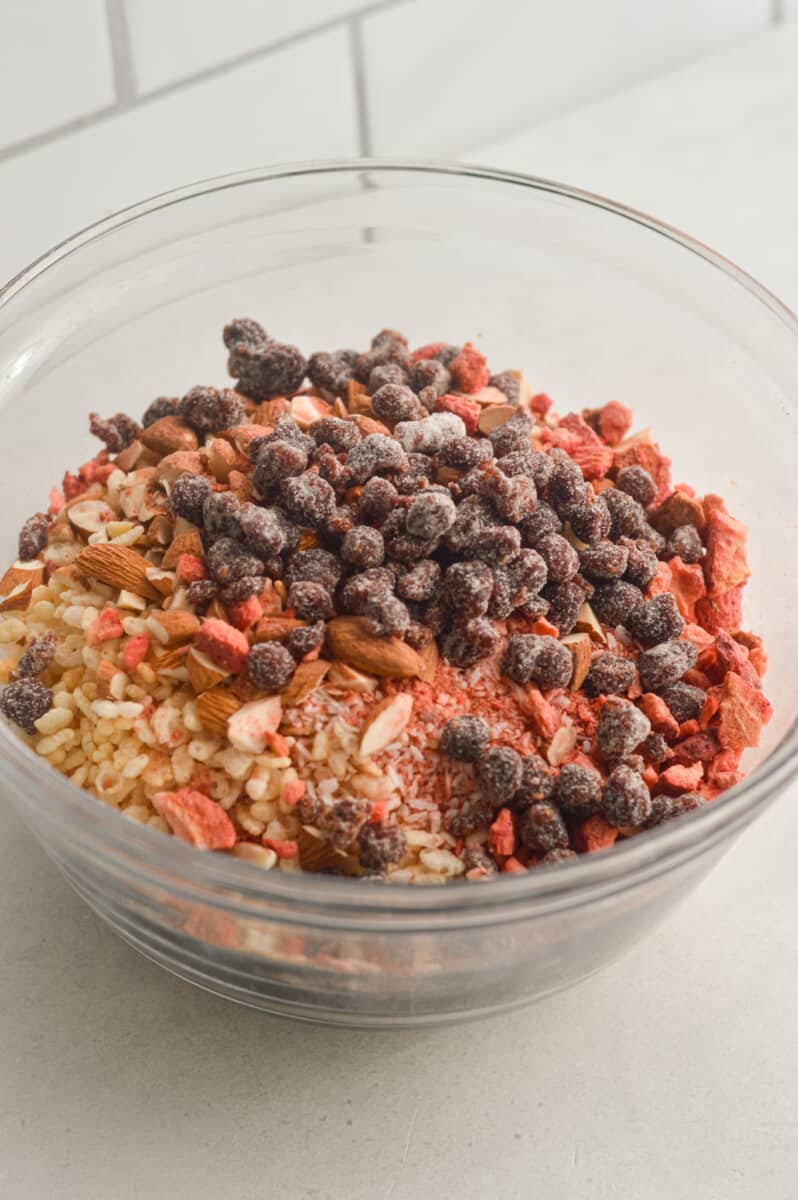 Mixing oats, puffed rice cereal, shredded coconut, salt, cinnamon, almonds, and freeze dried strawberries. 
