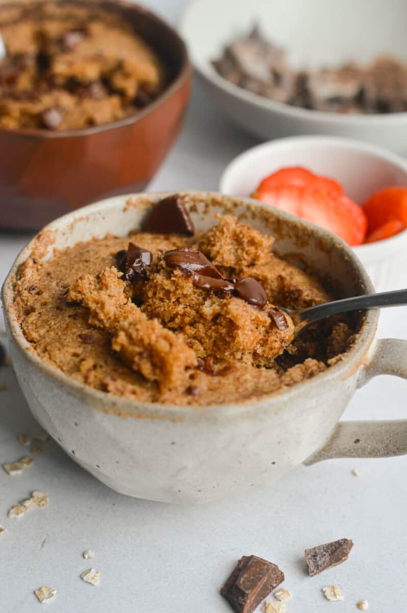 Oatmeal mug cake with chocolate chips.