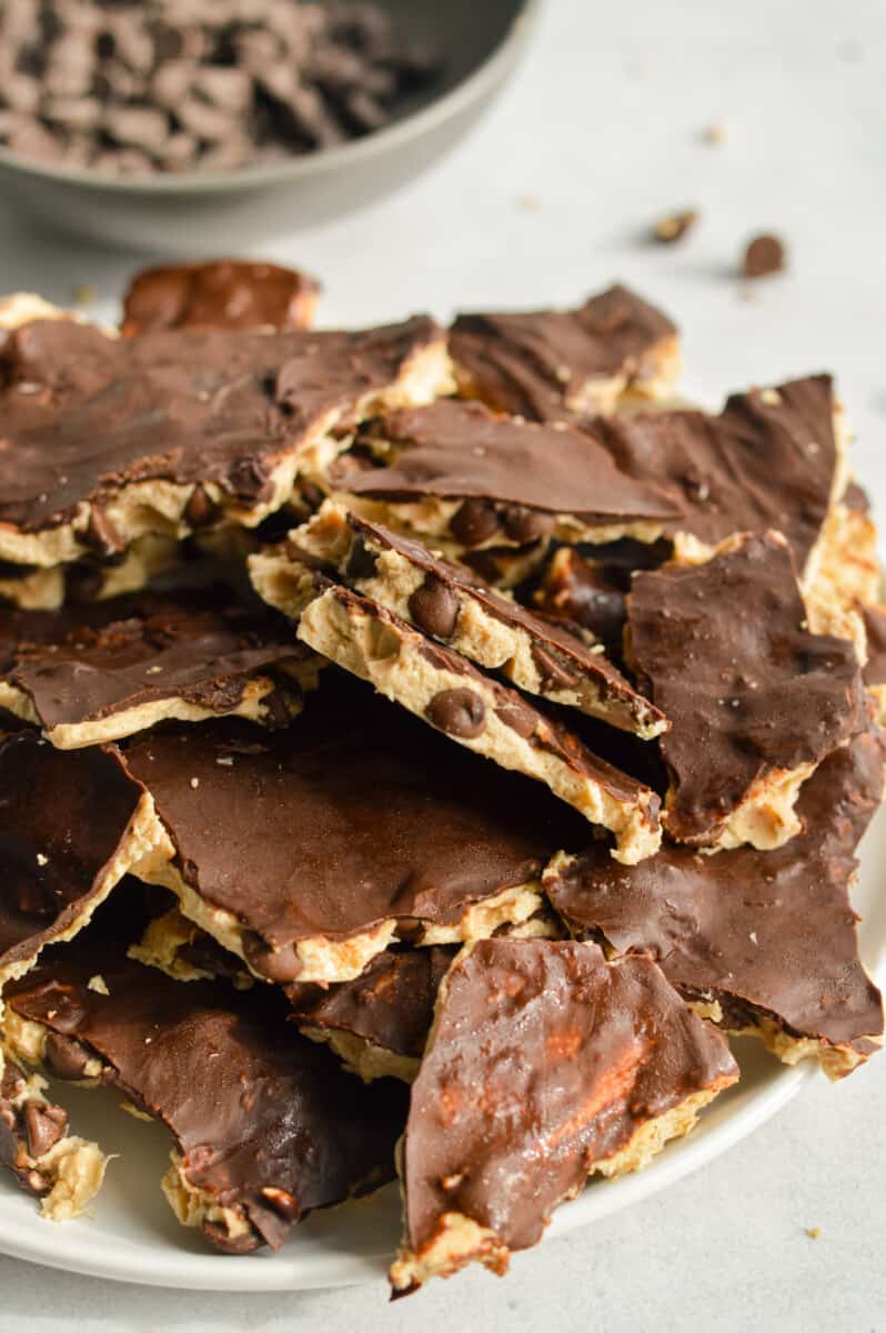 Plate of cottage cheese cookie dough bark.