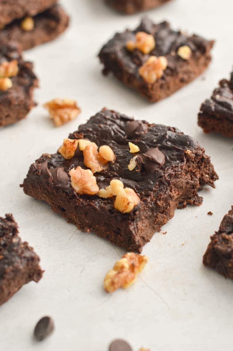 3 ingredient brownie topped with walnuts.