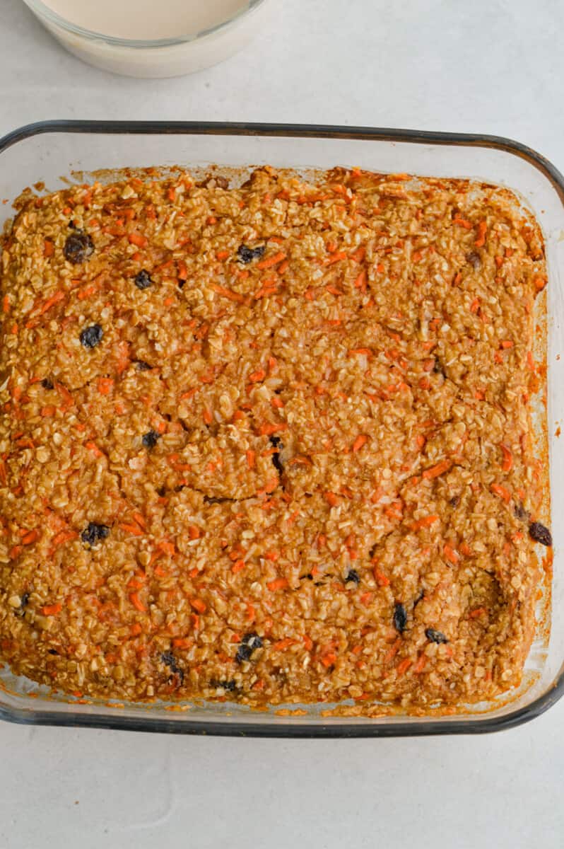 Tray of carrot cake baked oatmeal fresh out of the oven.