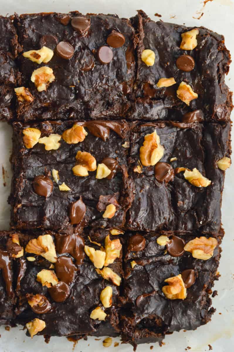 Birds eye of 3 ingredient brownies in a tray.