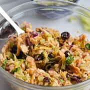 Bowl of no mayo chicken salad.