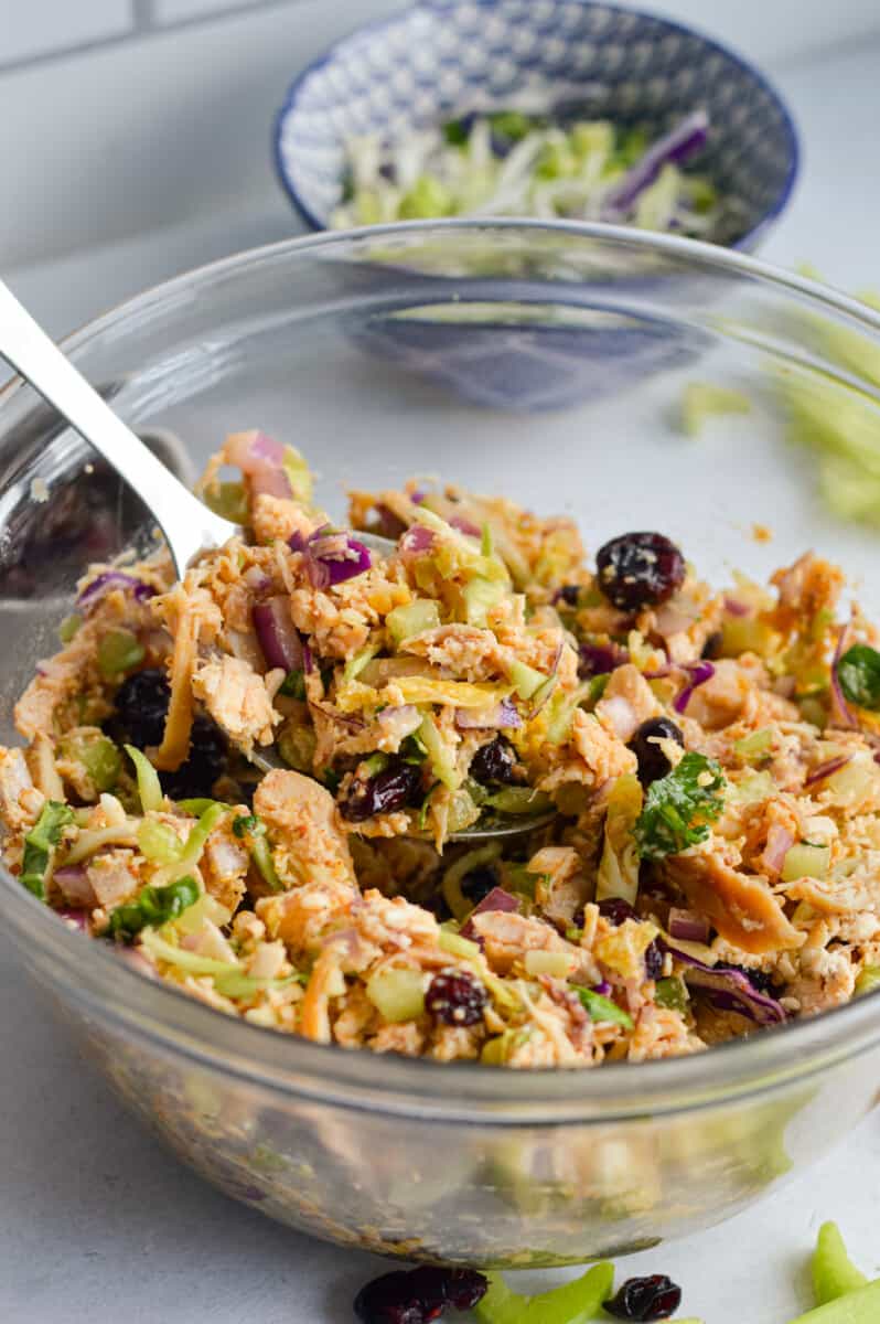 Bowl of no mayo chicken salad.