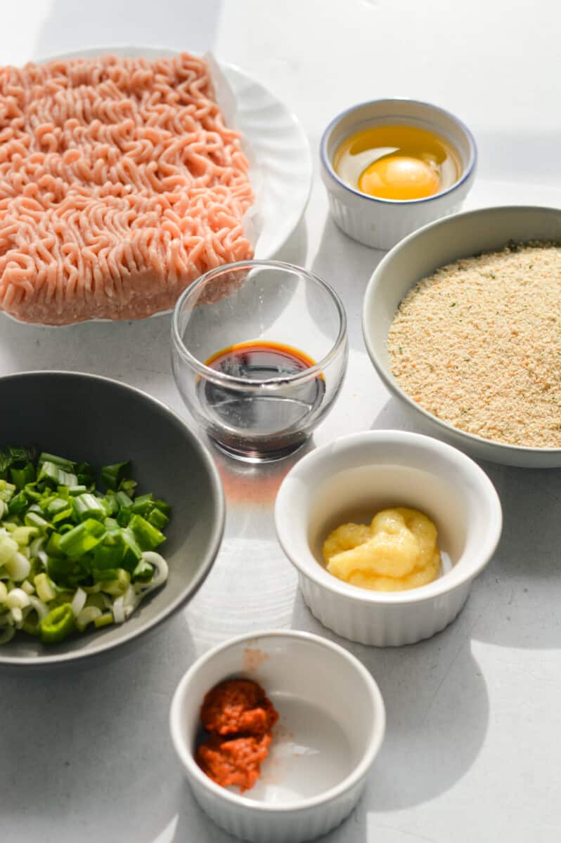 Ingredients including ground chicken, breadcrumbs, egg, green onion, garlic, ginger, soy sauce and red curry paste.