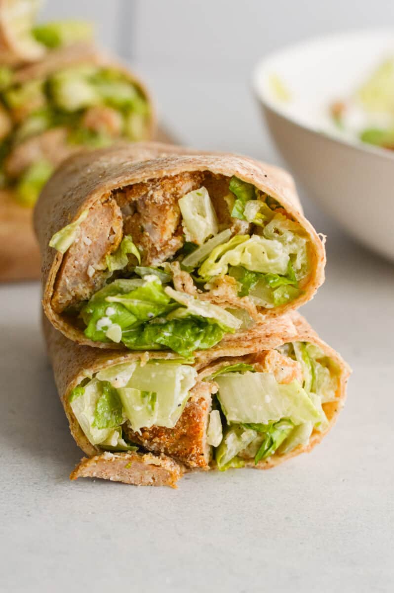 Cross section of a Caesar chicken nugget wrap.