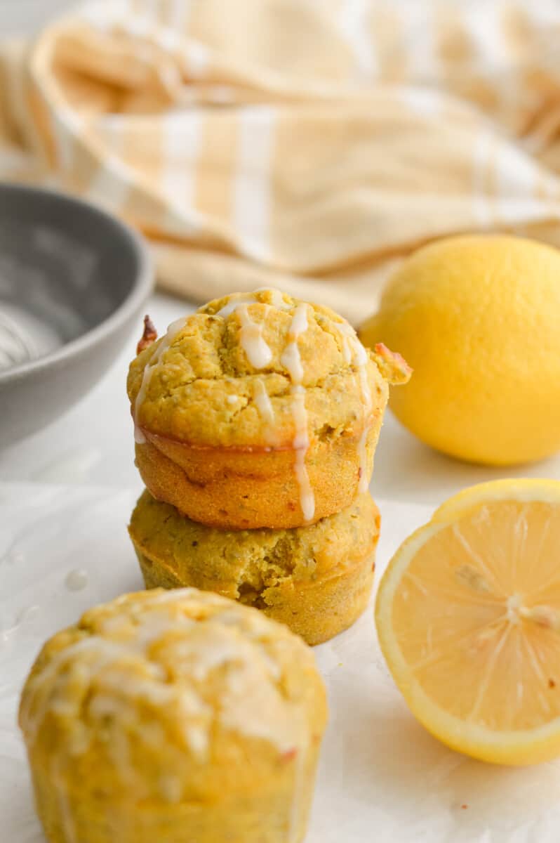 Stack of healthy lemon drizzle muffins.