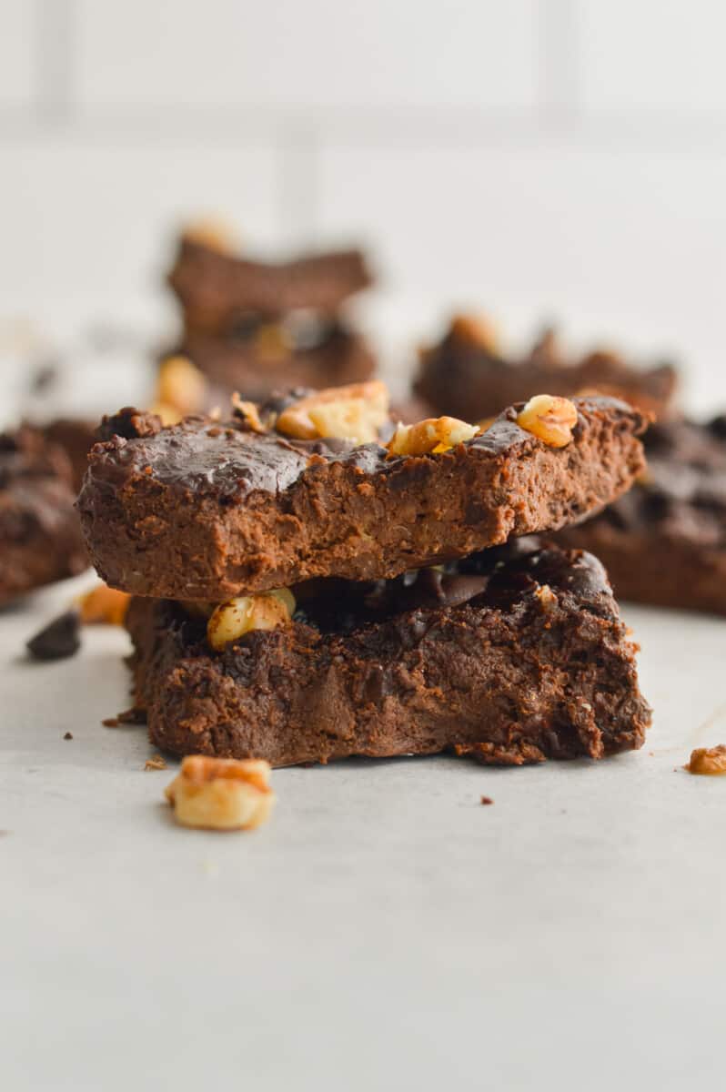Two 3 ingredient brownies stacked.
