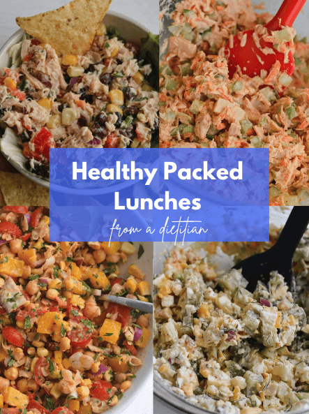 A collage with healthy packed lunch ideas.