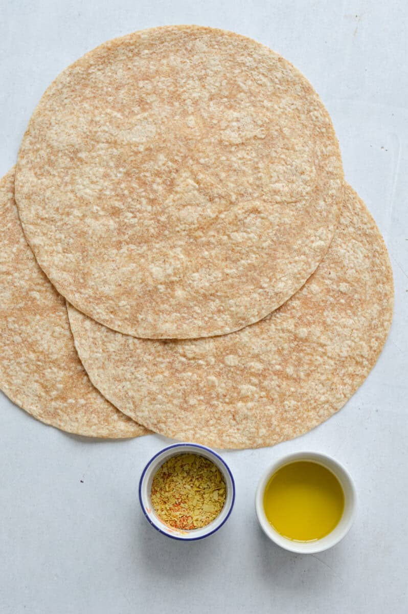 Ingredients including whole wheat tortillas and olive oil.