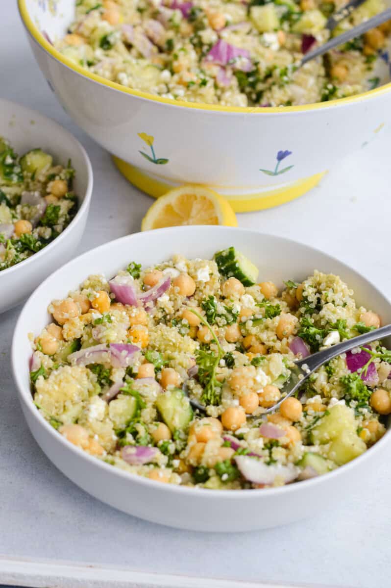 Bowl of chickpea cucumber feta quinoa salad.