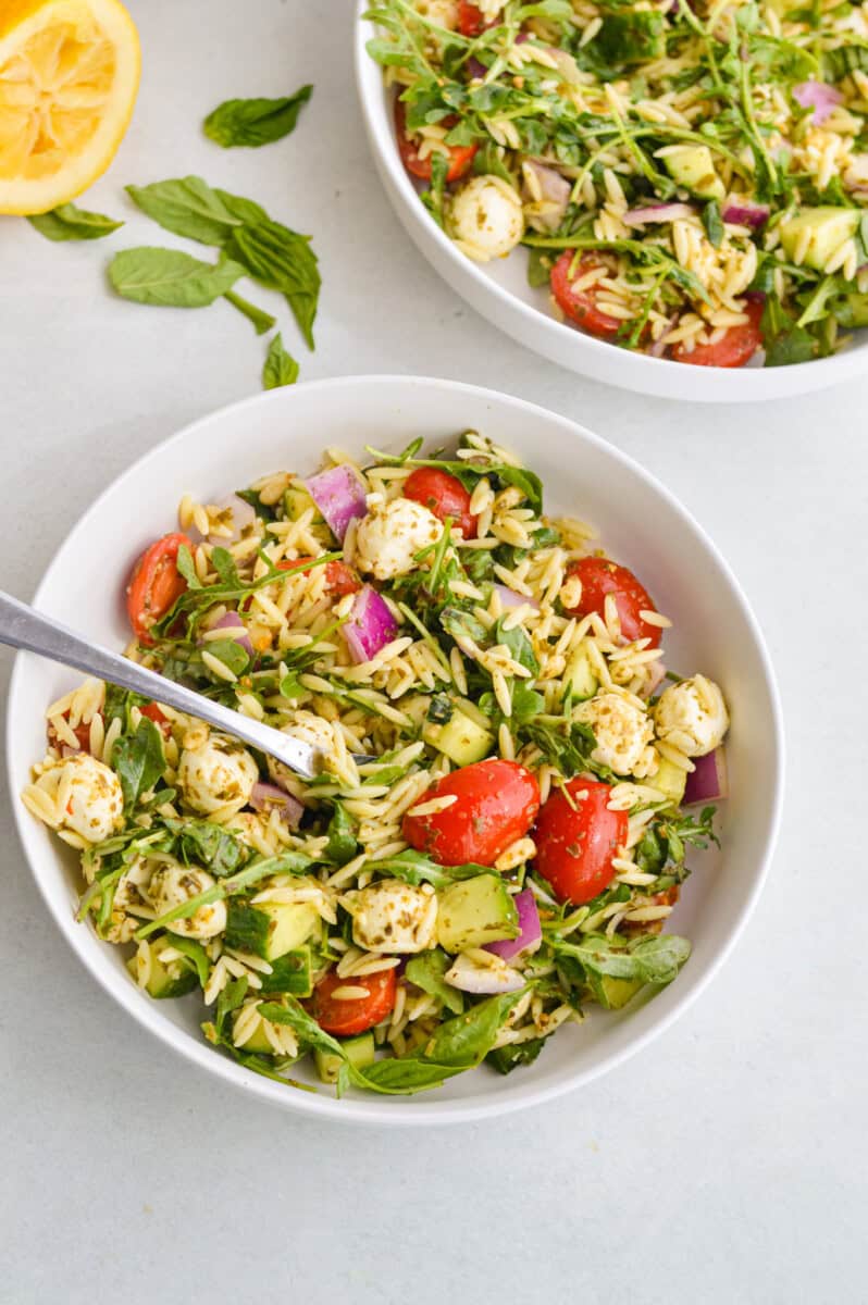 Bowl of orzo pesto salad.