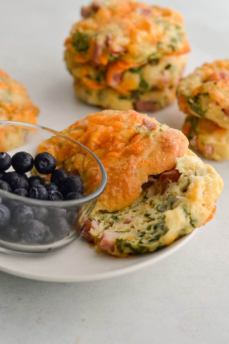 Plate with breakfast biscuits and bowl of blueberries.