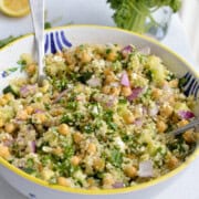 Bowl of chickpea feta cucumber salad.