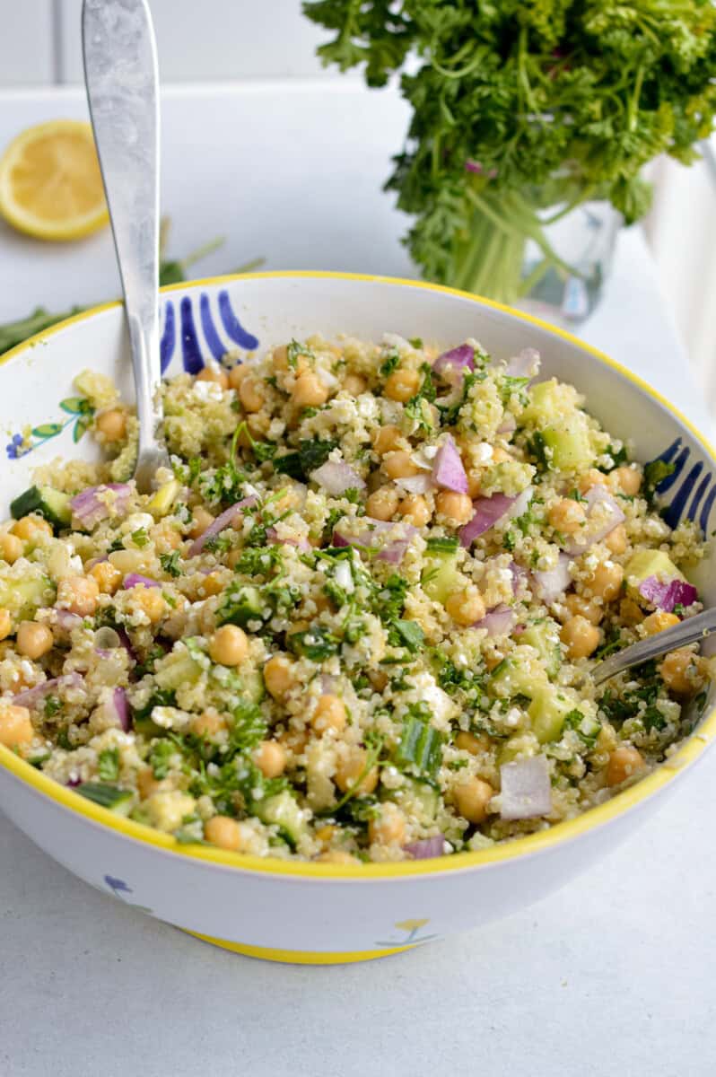 Bowl of cucumber feta salad