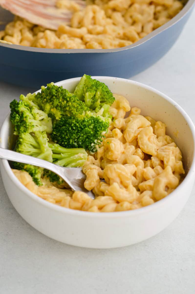 Bowl of cottage cheese mac and cheese with broccoli.