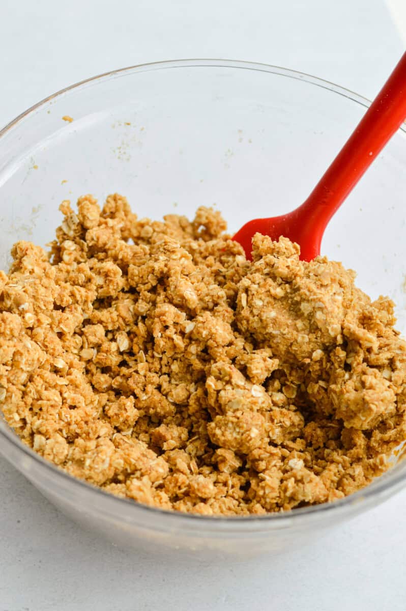 Mixing oats, ground flaxseed, vanilla protein powder and salt to form oat bar mixture.
