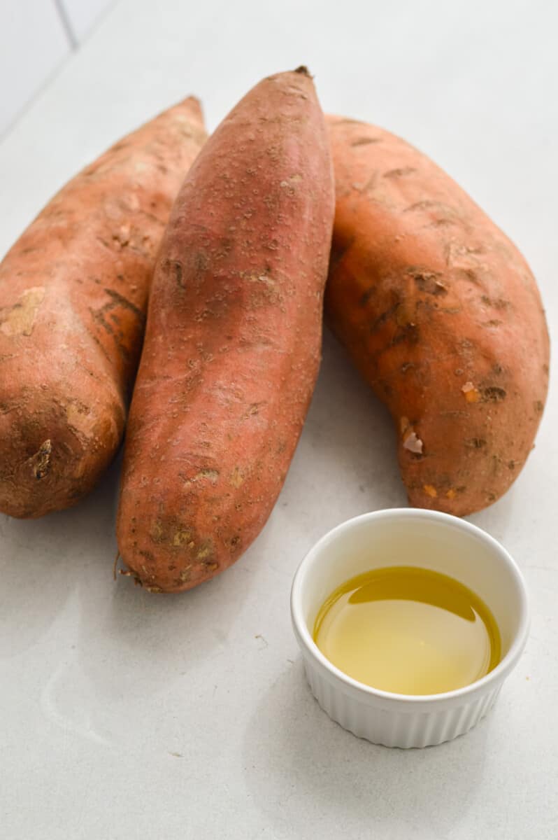 Ingredients including sweet potatoes and oil.