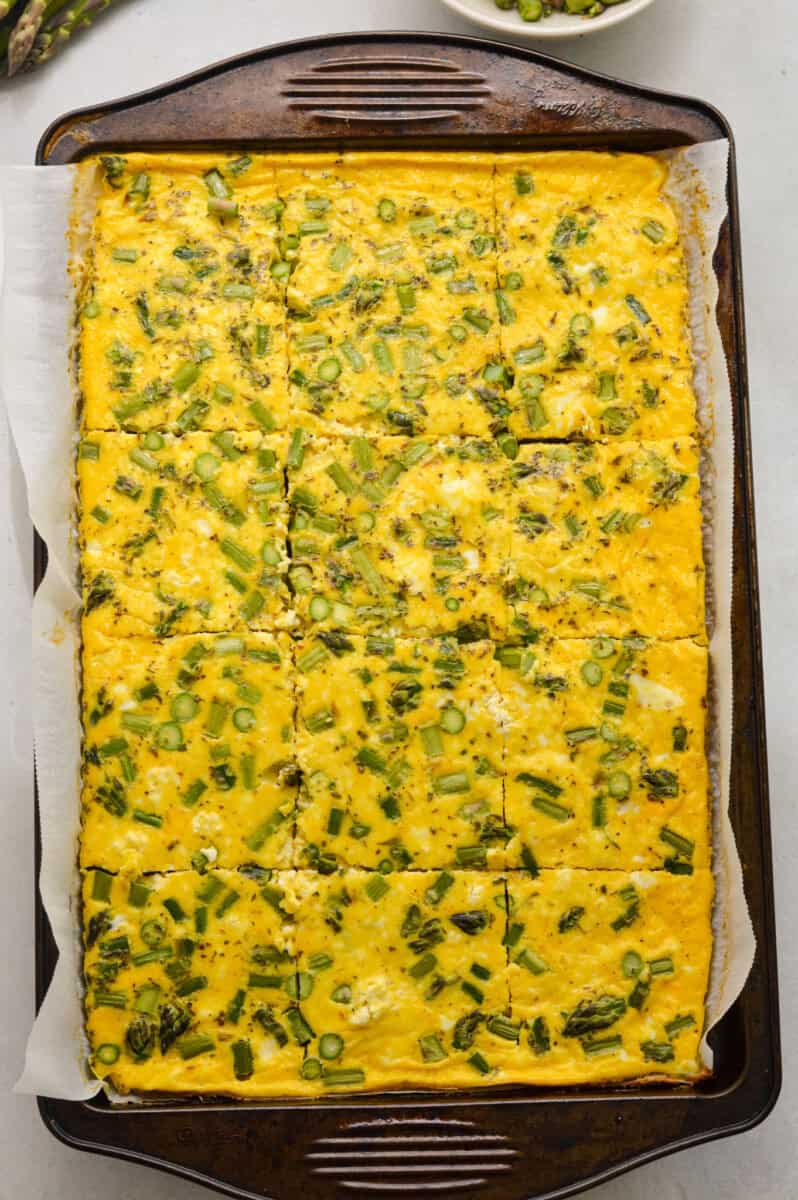 Baked sheet pan eggs with asparagus.